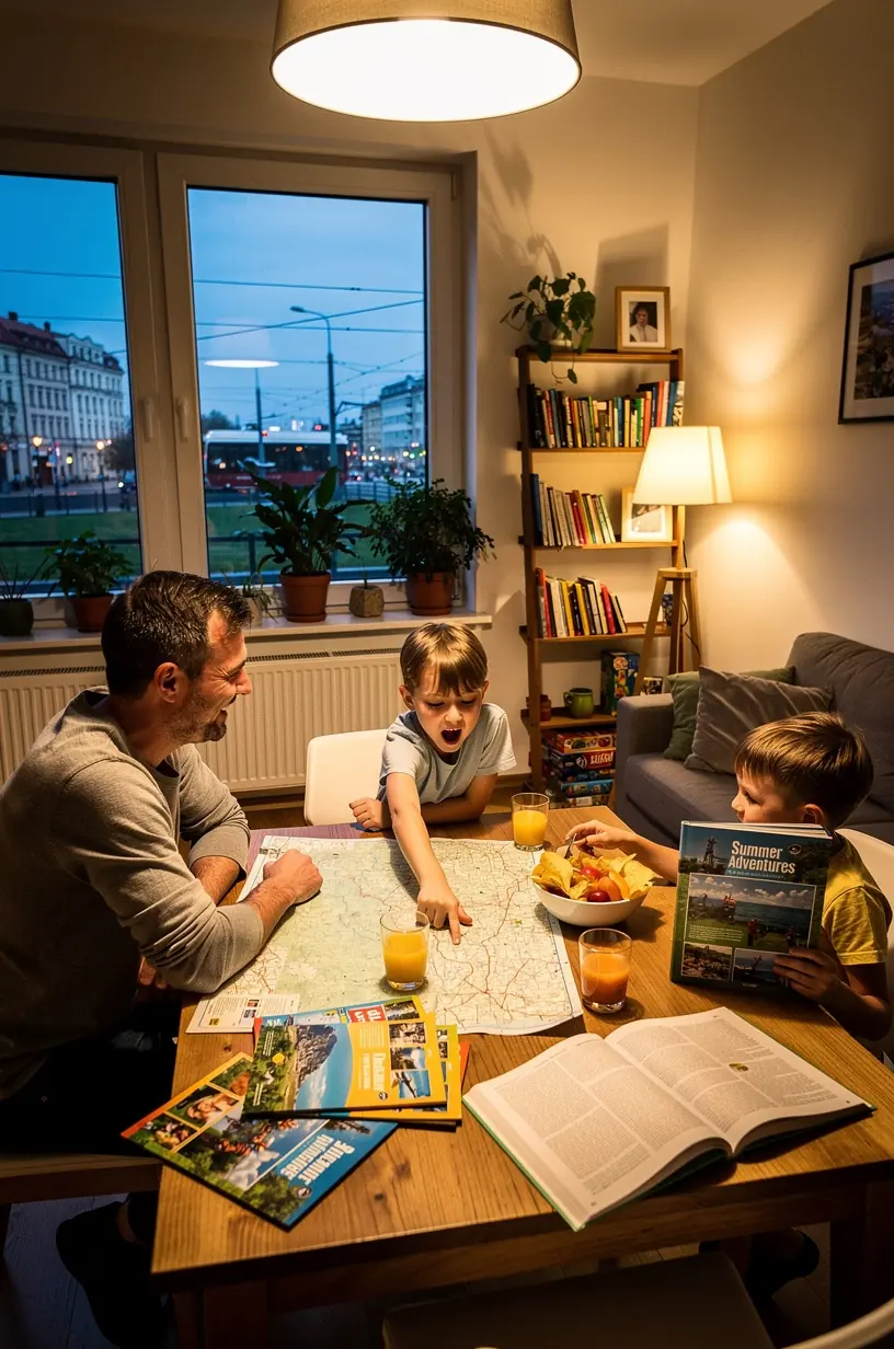 Spokojna scena z podróżnikiem siedzącym na ławce, analizującym notatki i dostosowującym plan wyprawy.